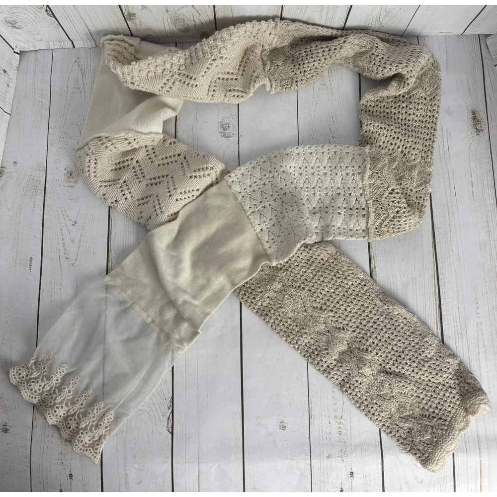 Boho Mixed Knit Patchwork Scarf Cream Beige Lace Trim Crochet Pointelle 2315